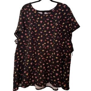 Lane Bryant Black Floral Short Sleeve Zipper Back Blouse Size 28